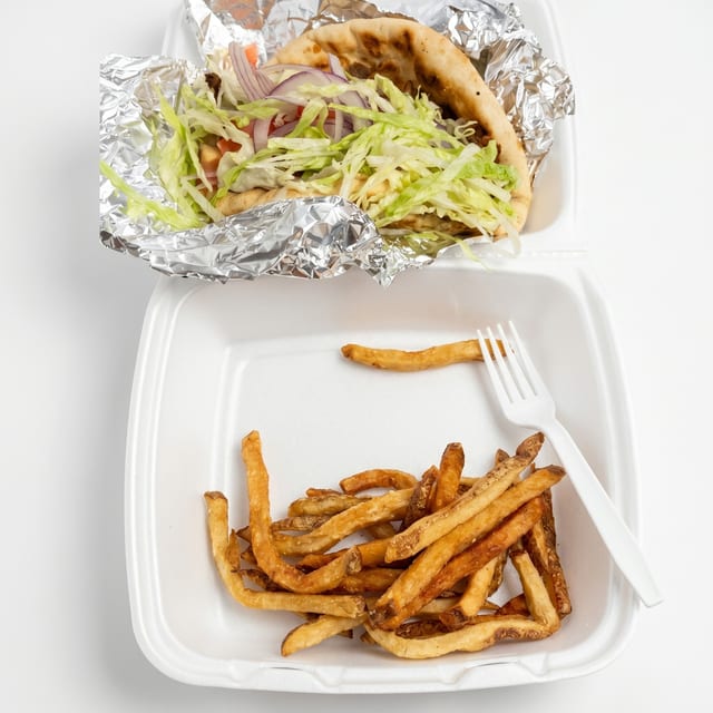Chicken Gyro Sandwich with Fries.