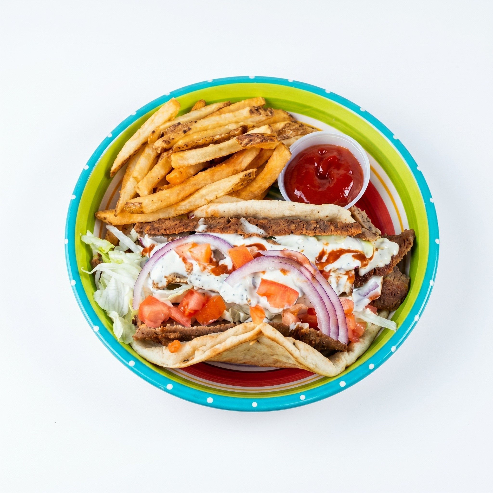 Lamb Gyro Sandwich with Fries.