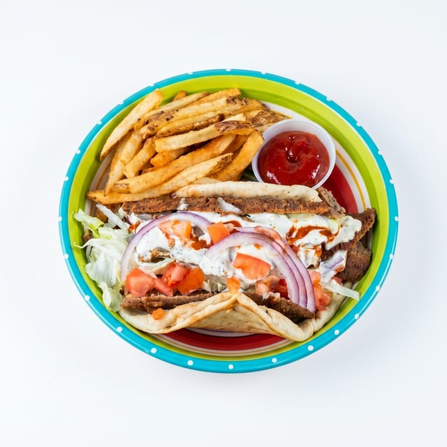 Lamb Gyro Sandwich with Fries.